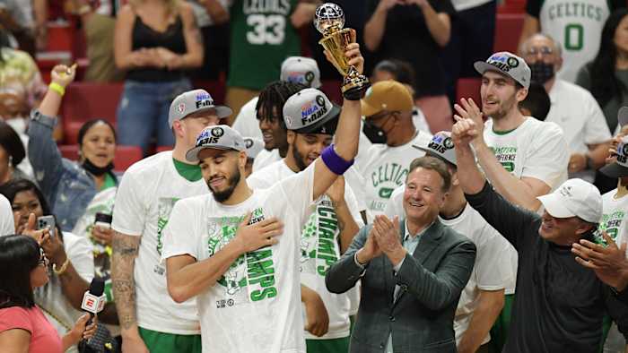 Boston Celtics forward Jayson Tatum (0) reacts after winning the Larry Bird Eastern Conference Finals MVP trophy.